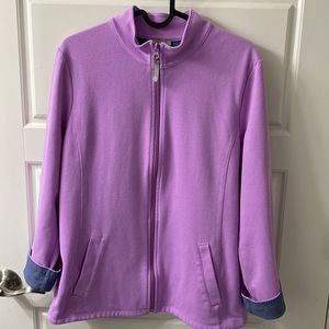 T by Talbots full zip sweater Jacket. Size M violet with denim cuffs violet